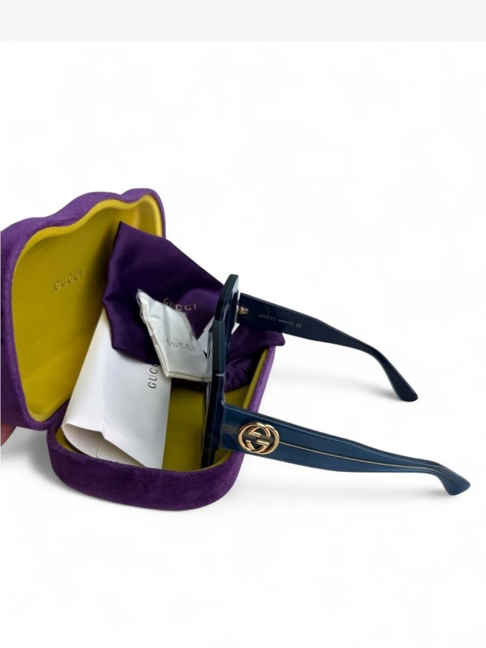 Gucci Oversized Navy Square Sunglasses with Gold Temples